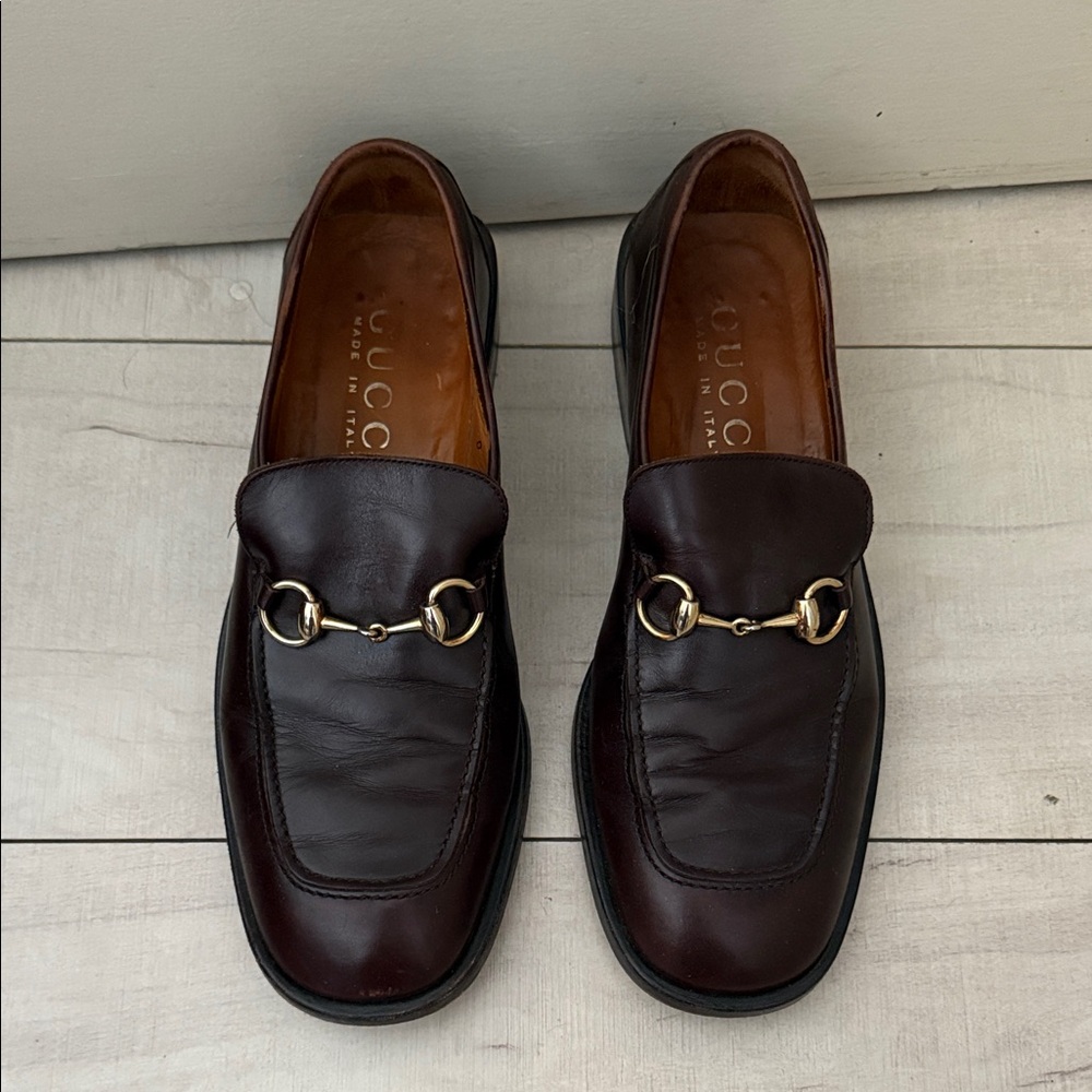 Gucci Men's Dark Brown Leather Loafers with Gold Detail